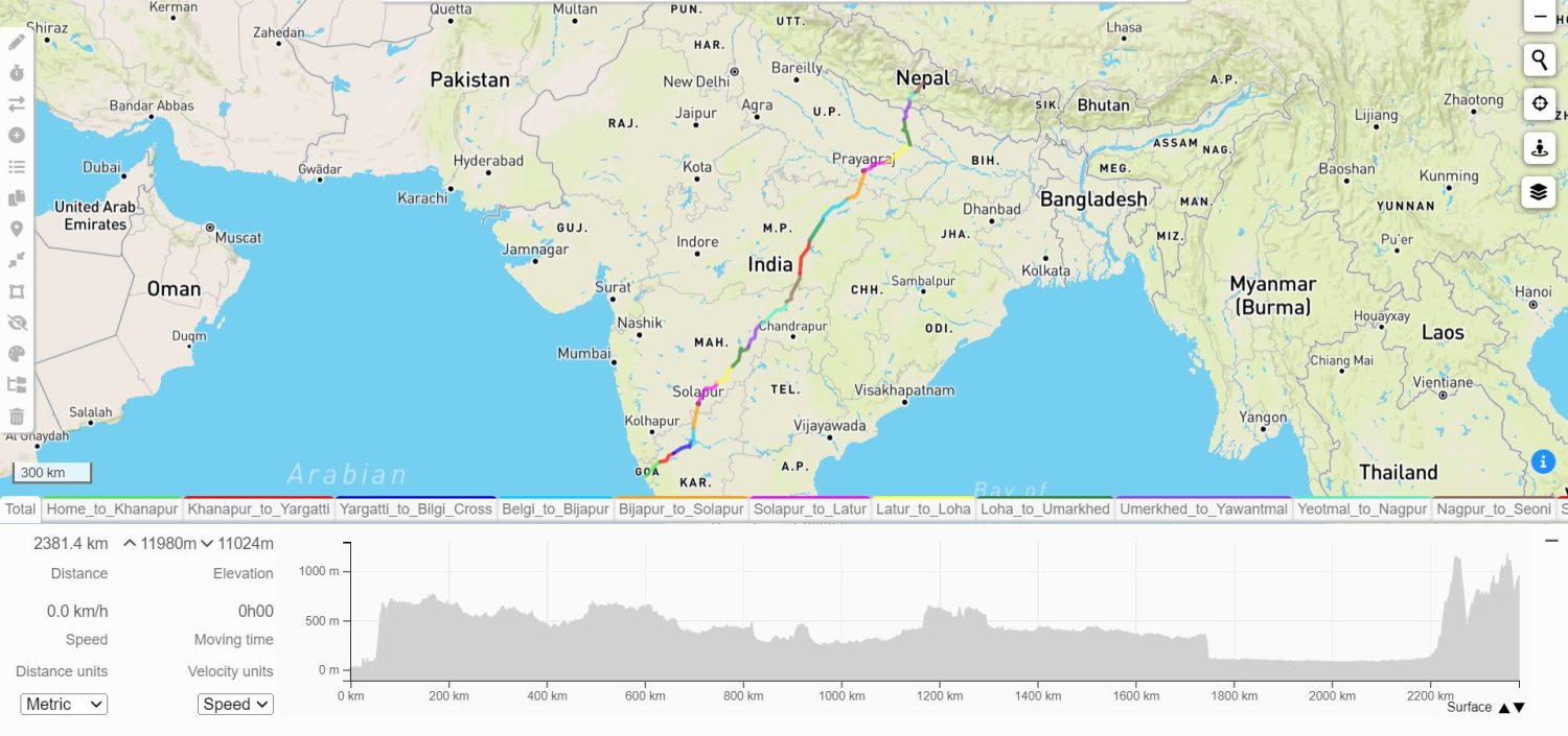 route for cycling from goa to nepal